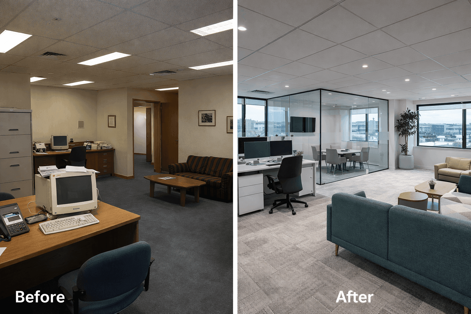 Before and after commercial office refurbishment - dated workspace transformed into a modern open-plan office