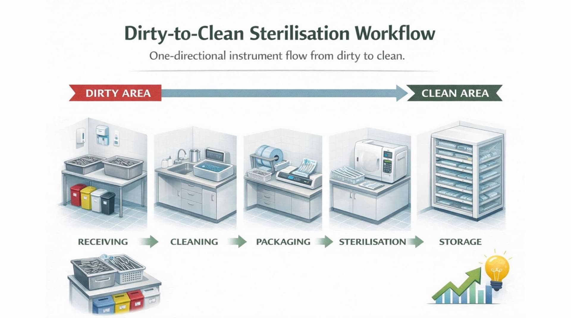 Dirty-to-Clean Sterilisation Workflow - one-directional instrument flow from receiving through cleaning, packaging, sterilisation, to storage